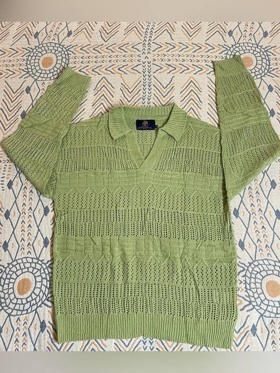 Herberton Other - Men's V-Neck Openwork Sweater in Light Olive